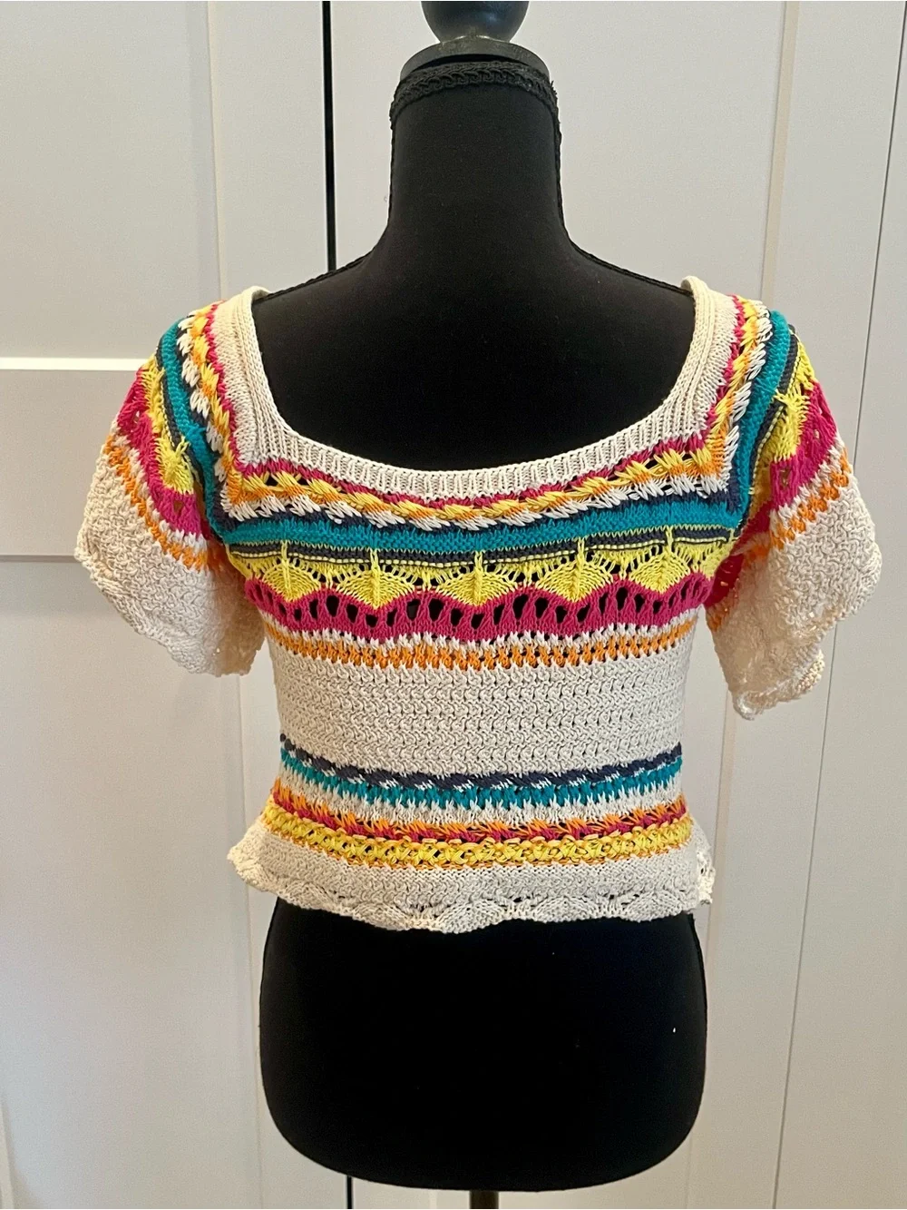 NWT Zara Cream Crochet Crop Top with Bright Multicolor Stripes Bohemian Hippie